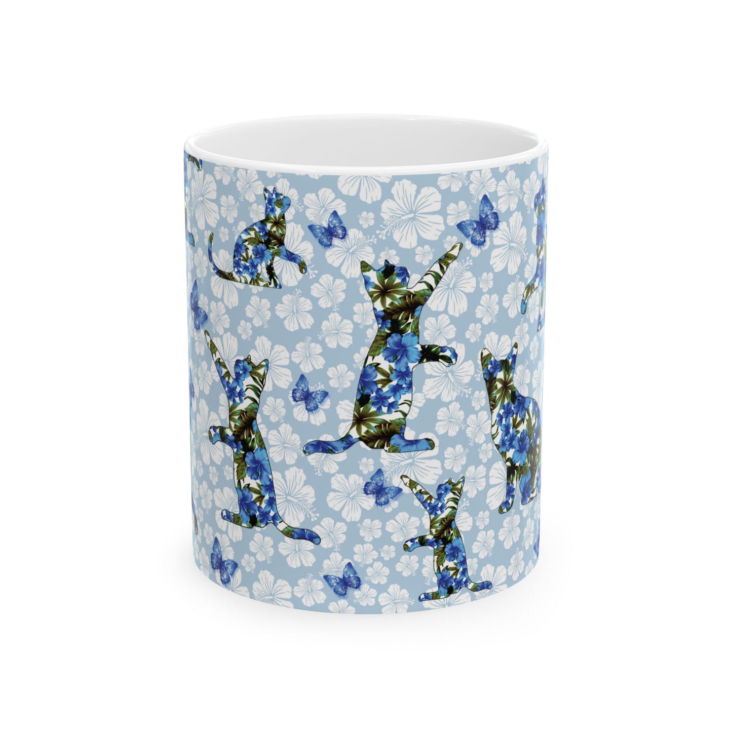 Mug with cat, floral and butterfly pattern 