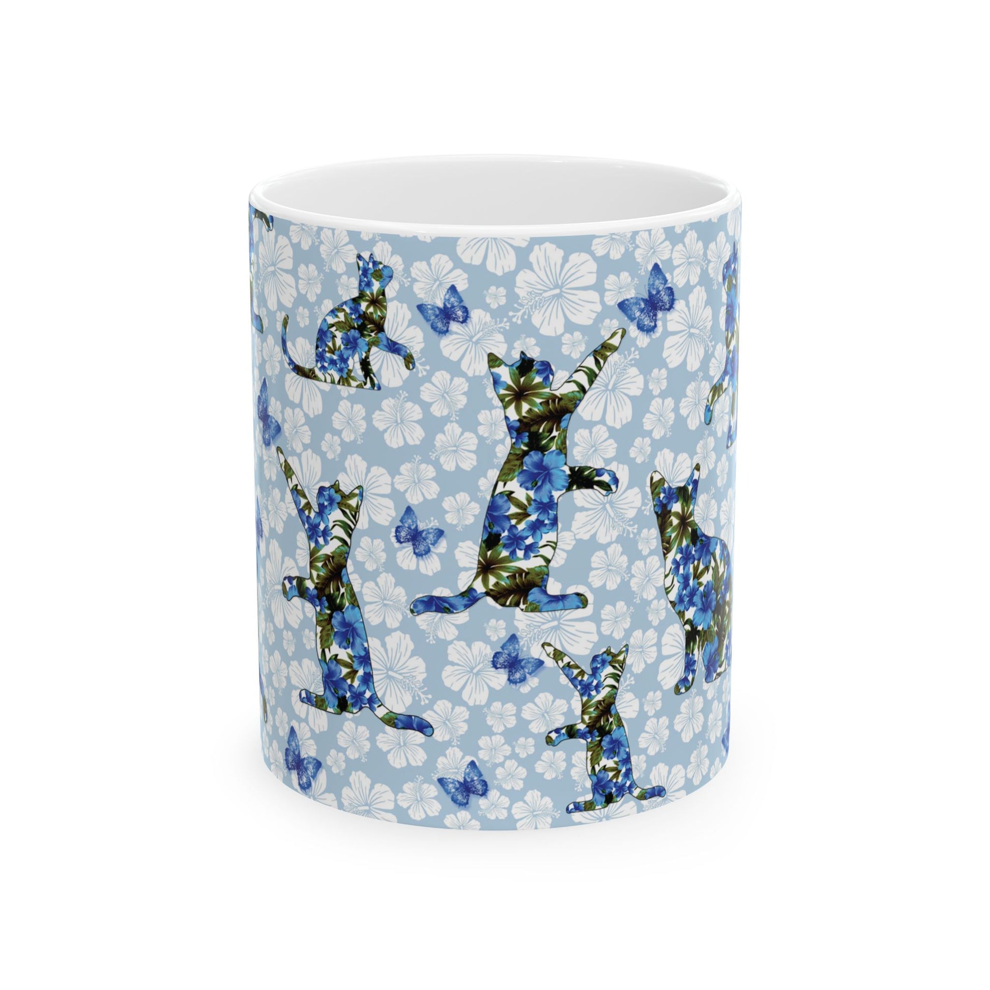 Mug with cat, floral and butterfly pattern 