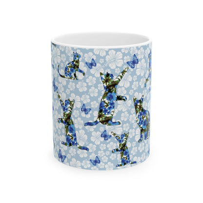 Mug with cat, floral and butterfly pattern 