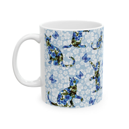 Mug with cat, floral and butterfly pattern 