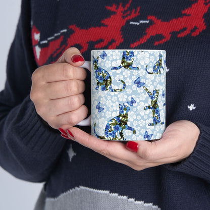 Mug with cat, floral and butterfly pattern 