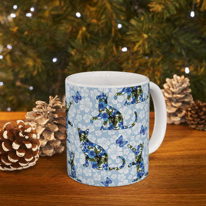 Mug with cat, floral and butterfly pattern 