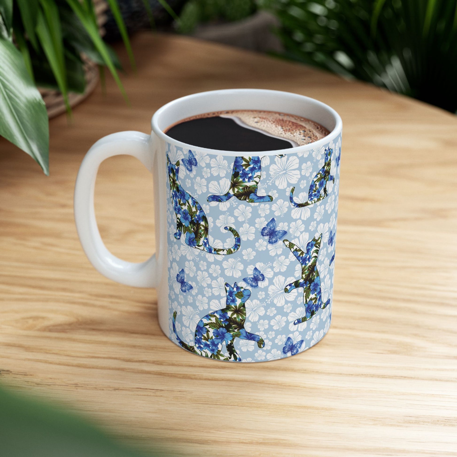 Mug with cat, floral and butterfly pattern 