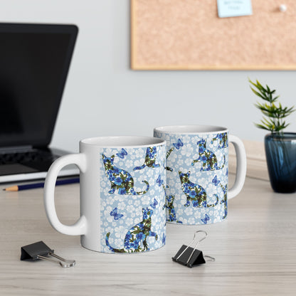 Mug with cat, floral and butterfly pattern 