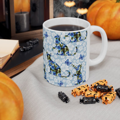 Mug with cat, floral and butterfly pattern 