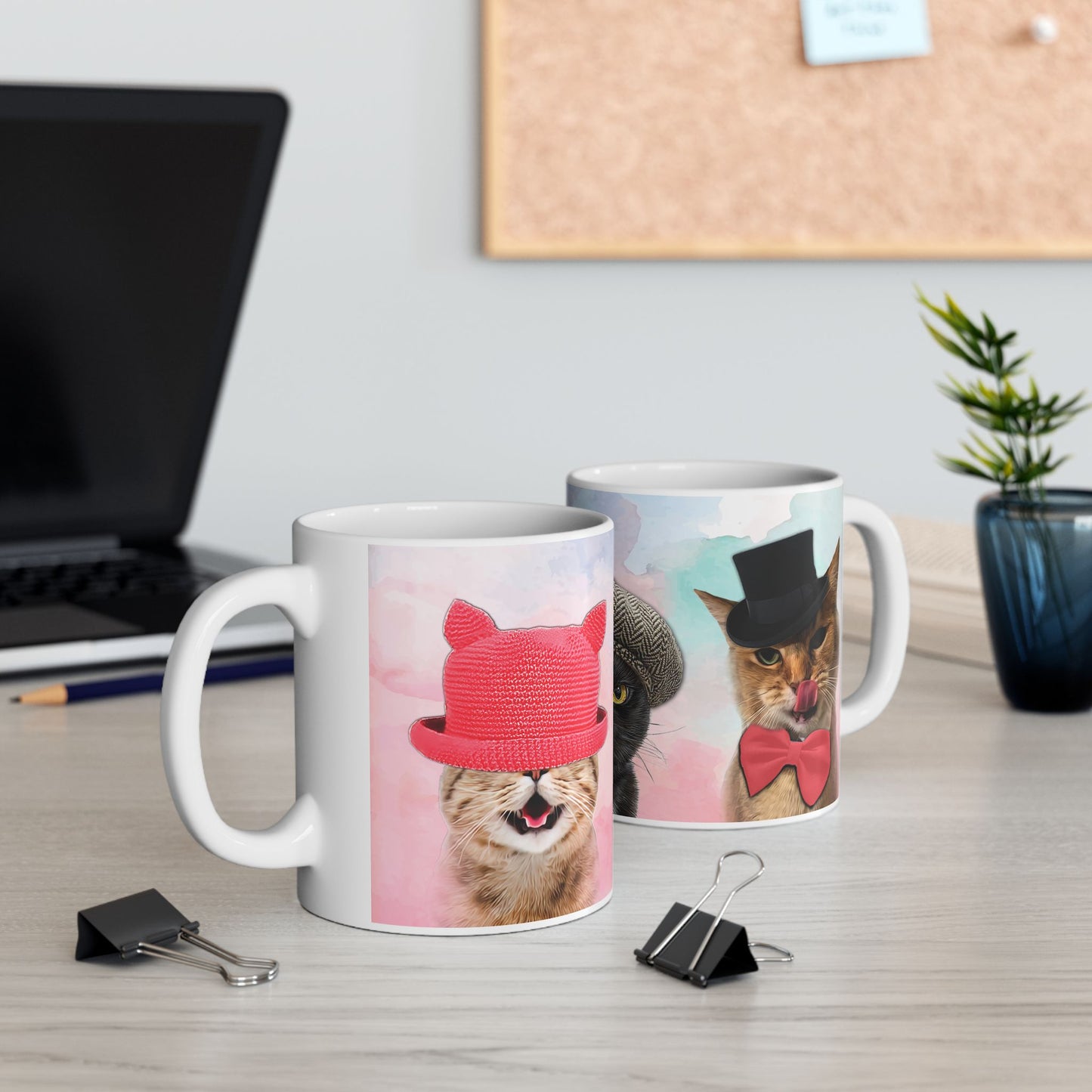 Mug with three cats wearing hats design