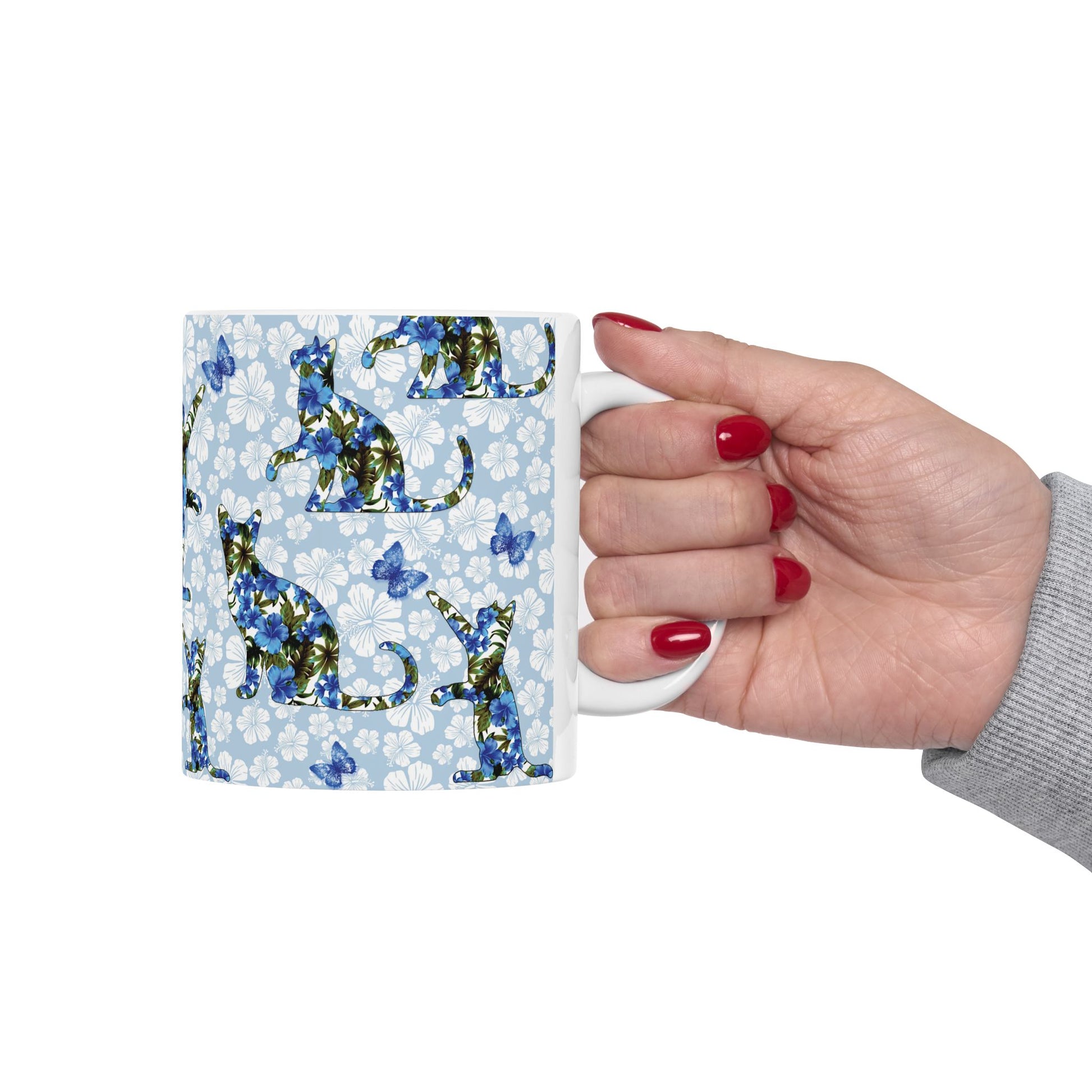 Mug with cat, floral and butterfly pattern 