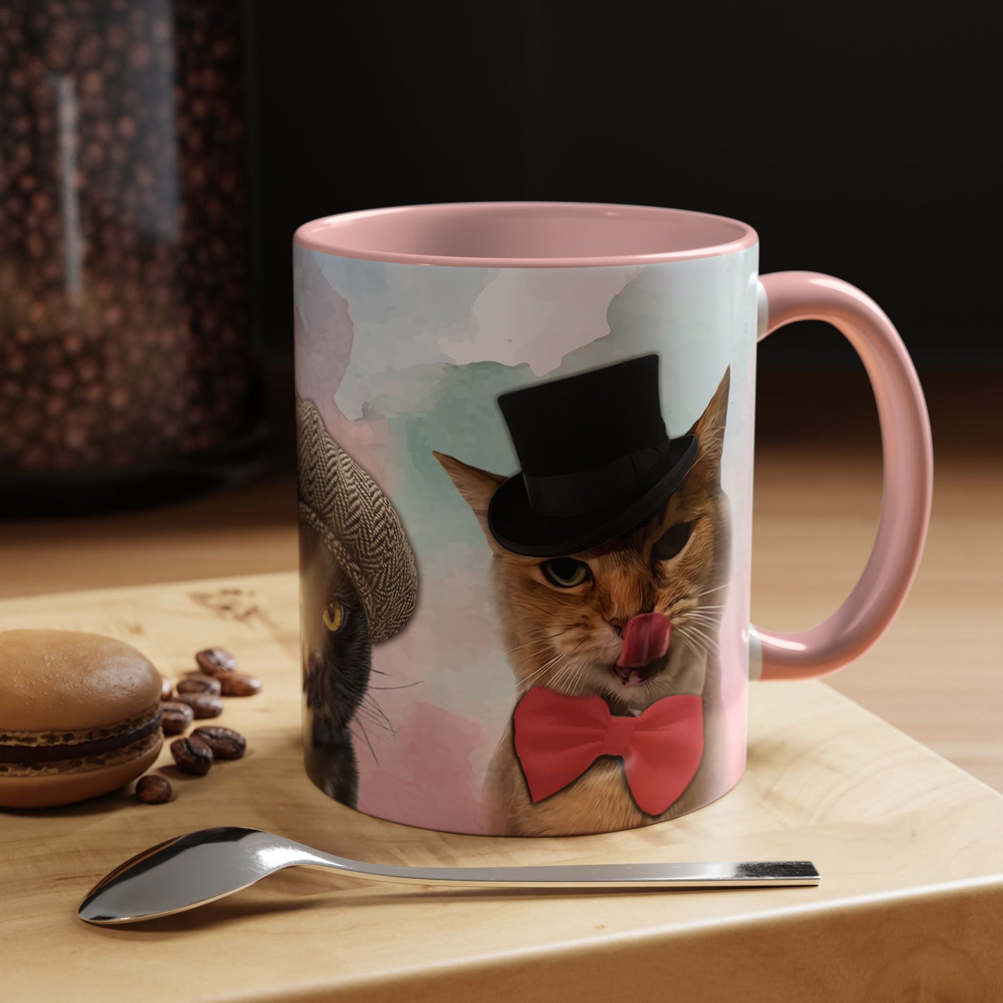 Mug with cats wearing hats design. 