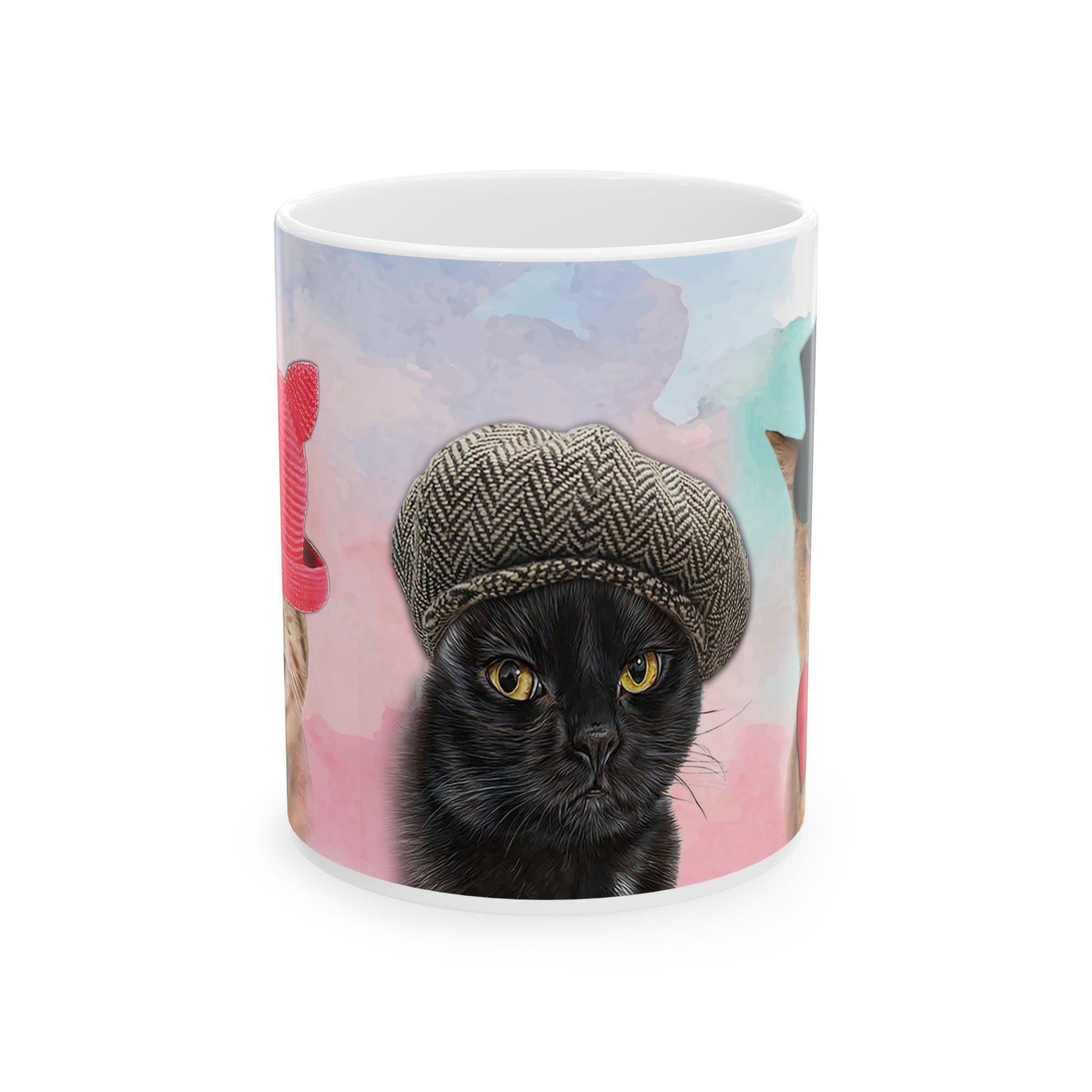 Mug with three cats wearing hats design