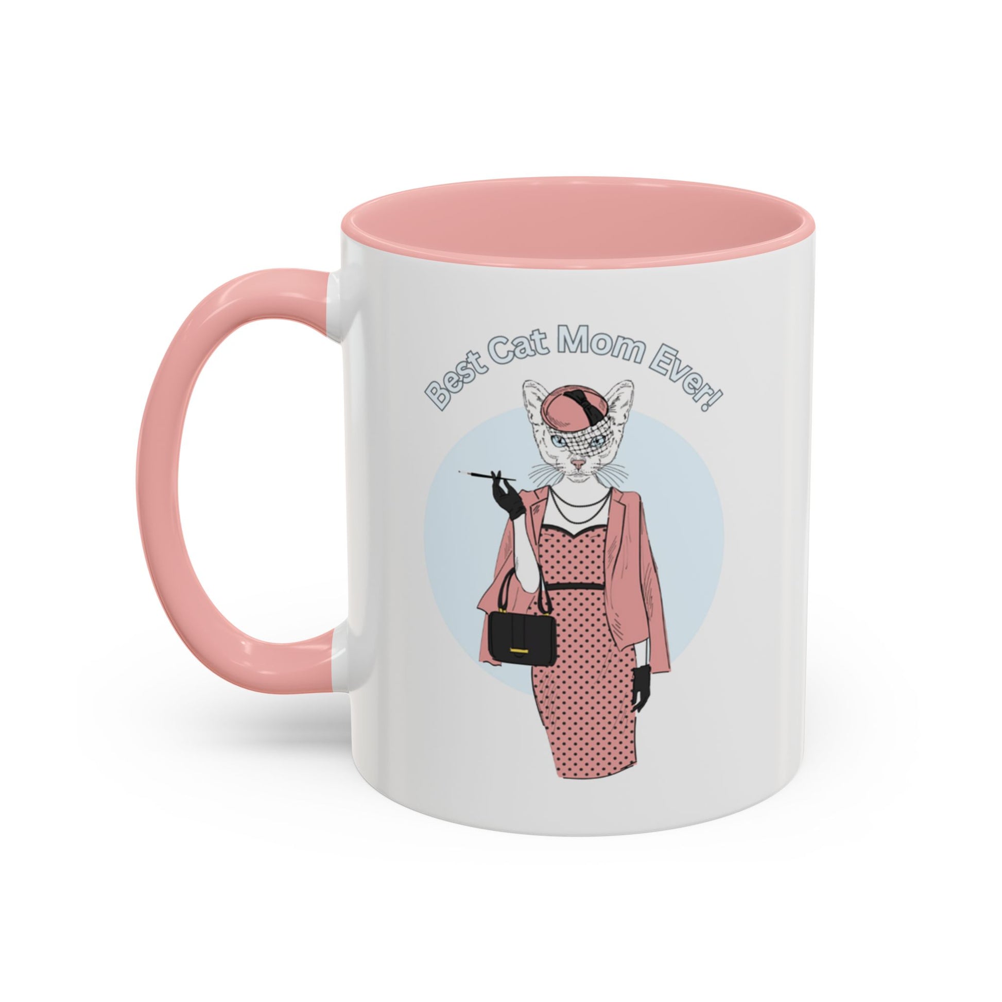Mug with pink interior and handle featuring a cat illustration and "Best Cat Mom Ever!" text.