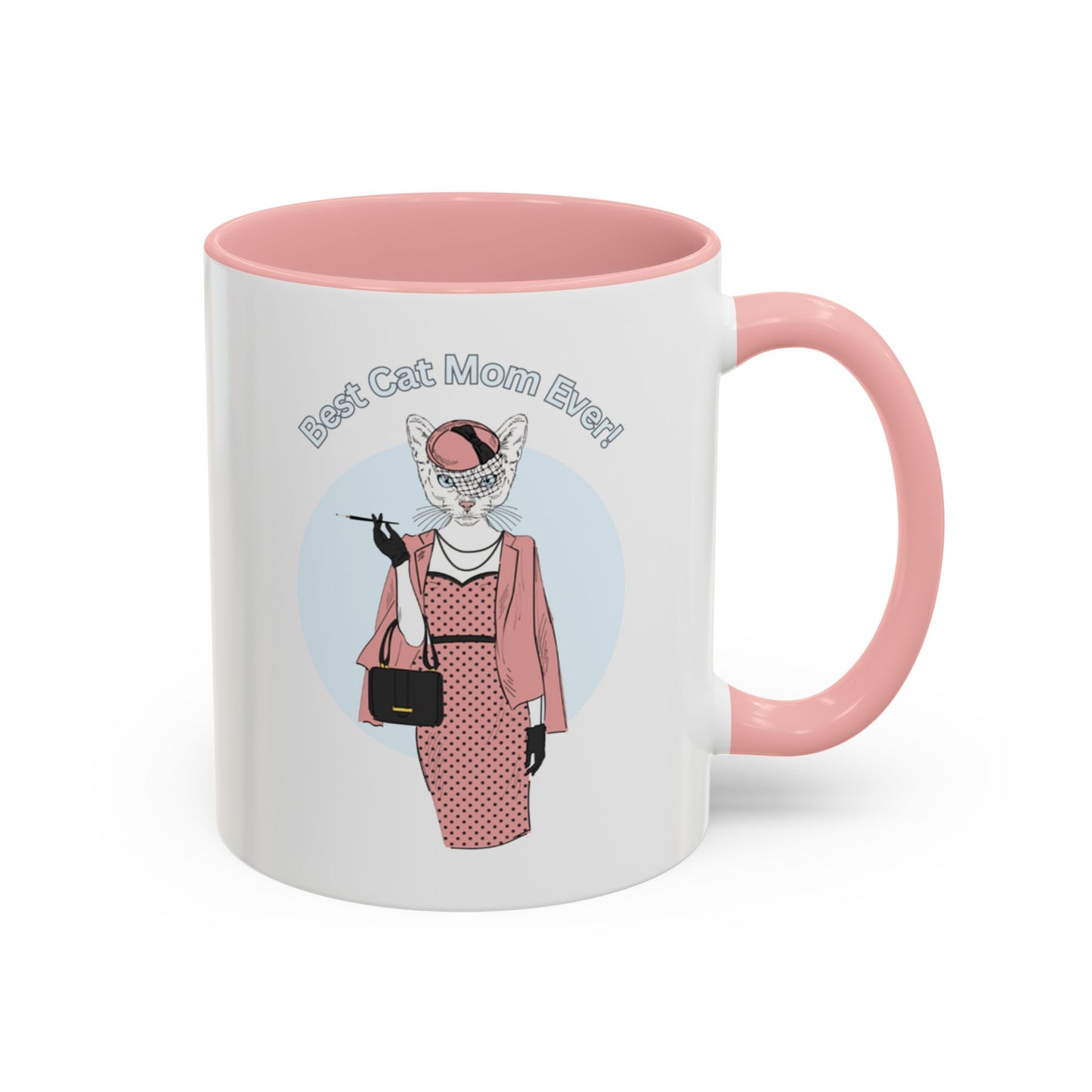 Mug with pink interior and handle featuring a cat illustration and "Best Cat Mom Ever!" text.