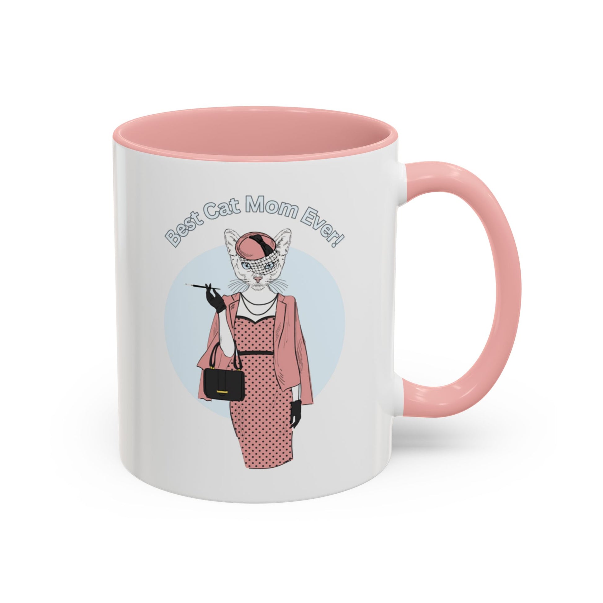 Mug with pink interior and handle featuring a cat illustration and "Best Cat Mom Ever!" text.