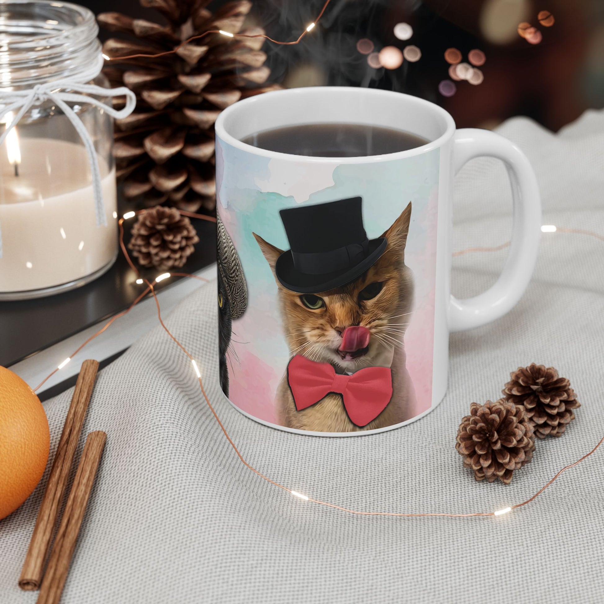 Mug with three cats wearing hats design