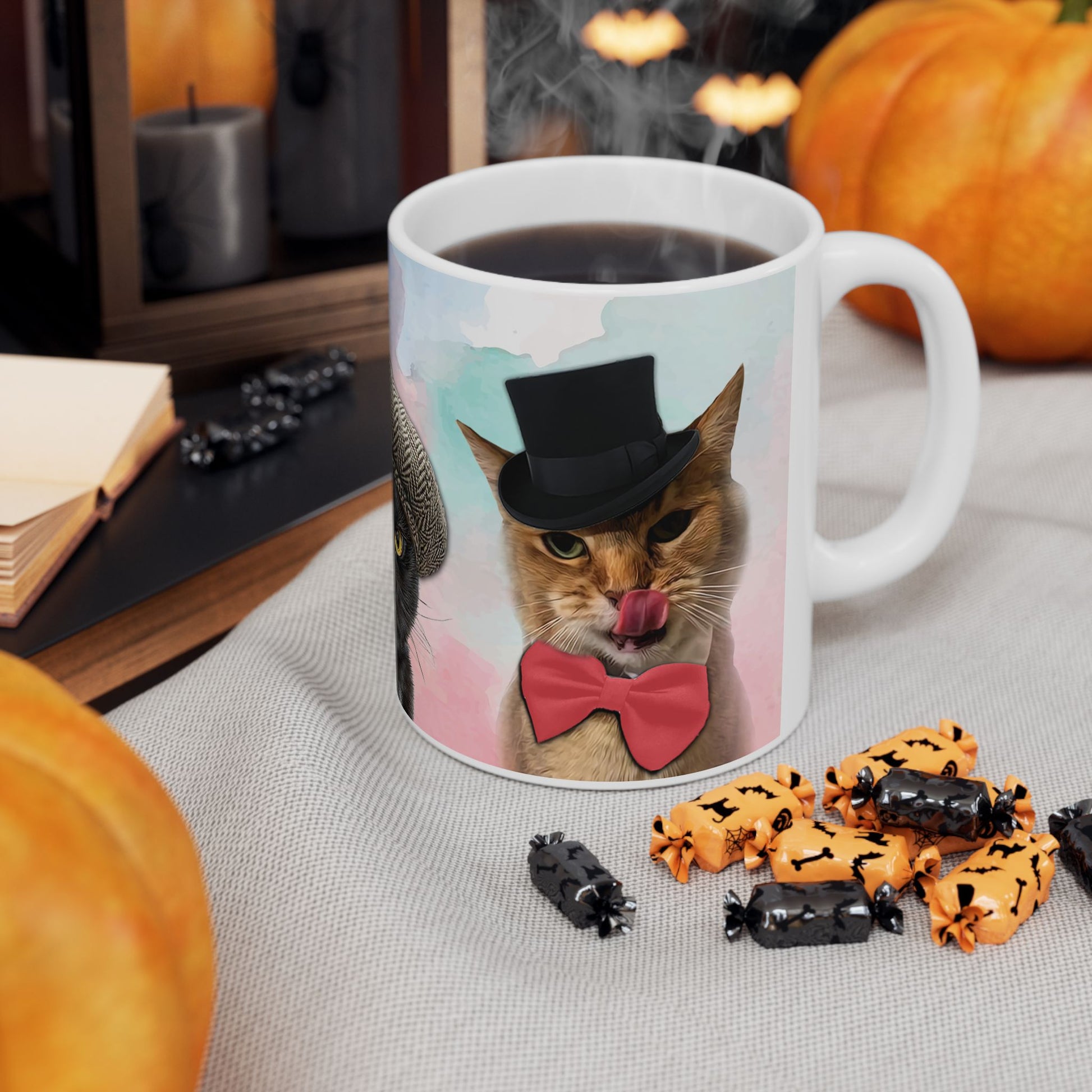 Mug with three cats wearing hats design