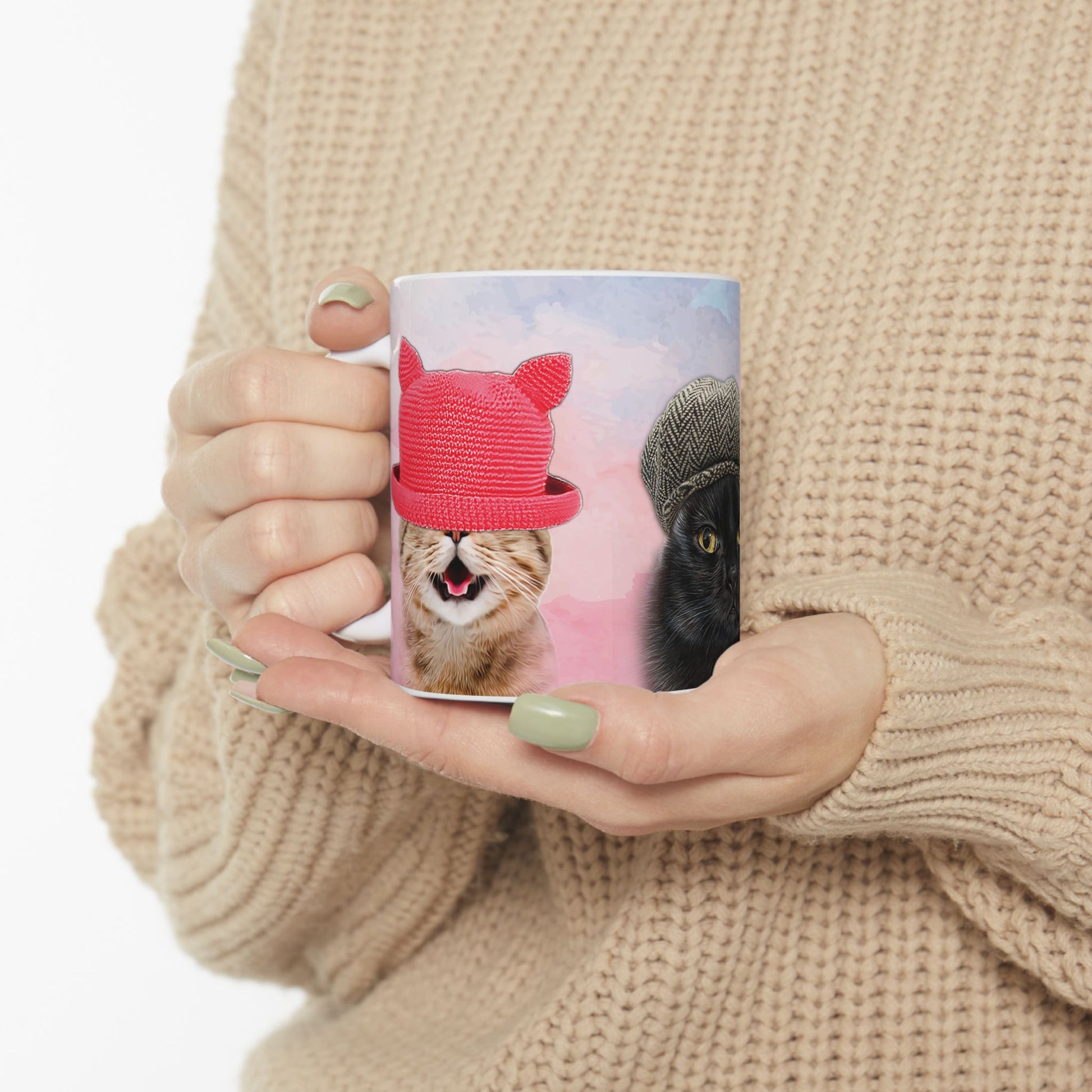 Mug with three cats wearing hats design