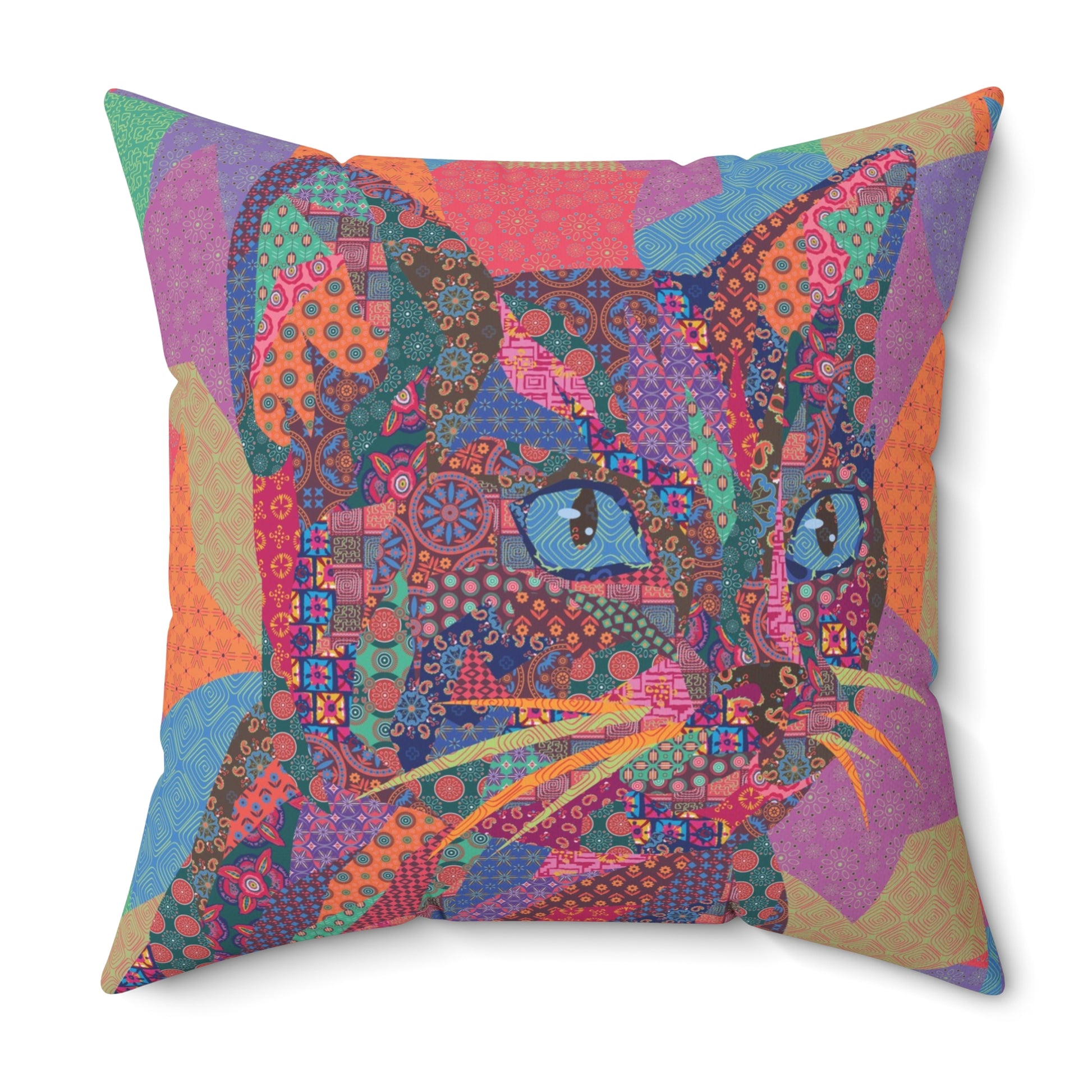 Multi colored throw pillow with a geometric cat design 