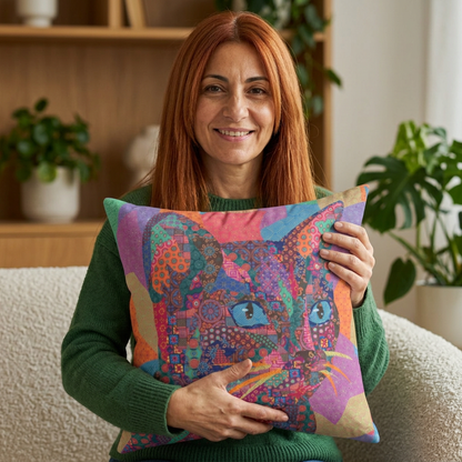 Multi colored throw pillow with a geometric cat design 