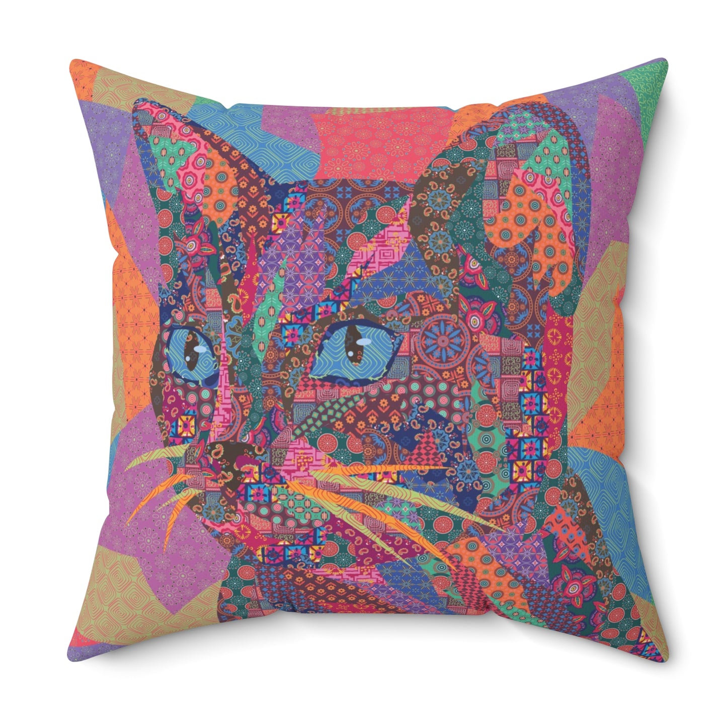 Multi colored throw pillow with a geometric cat design 