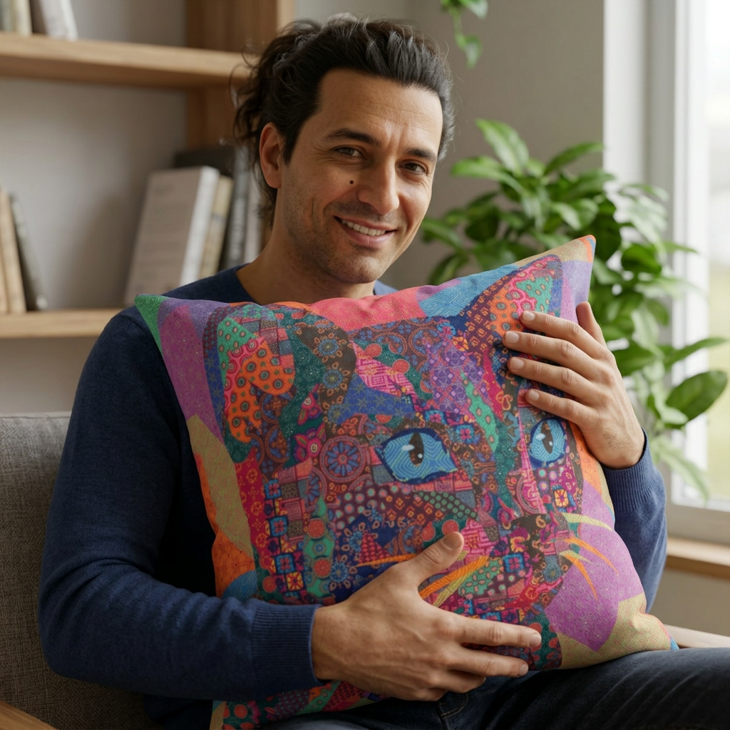 Multi colored throw pillow with a geometric cat design 
