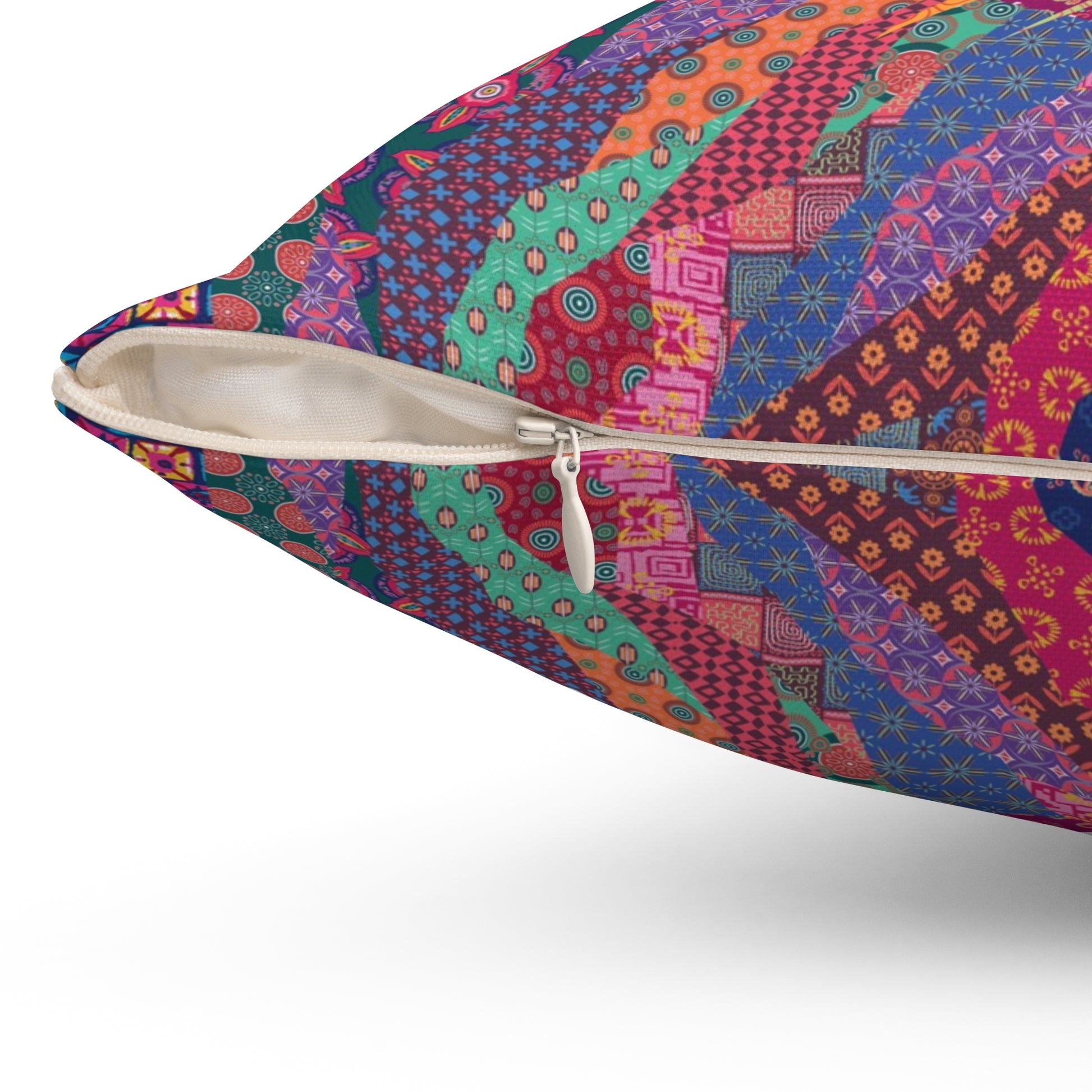 Multi colored throw pillow with a geometric cat design 