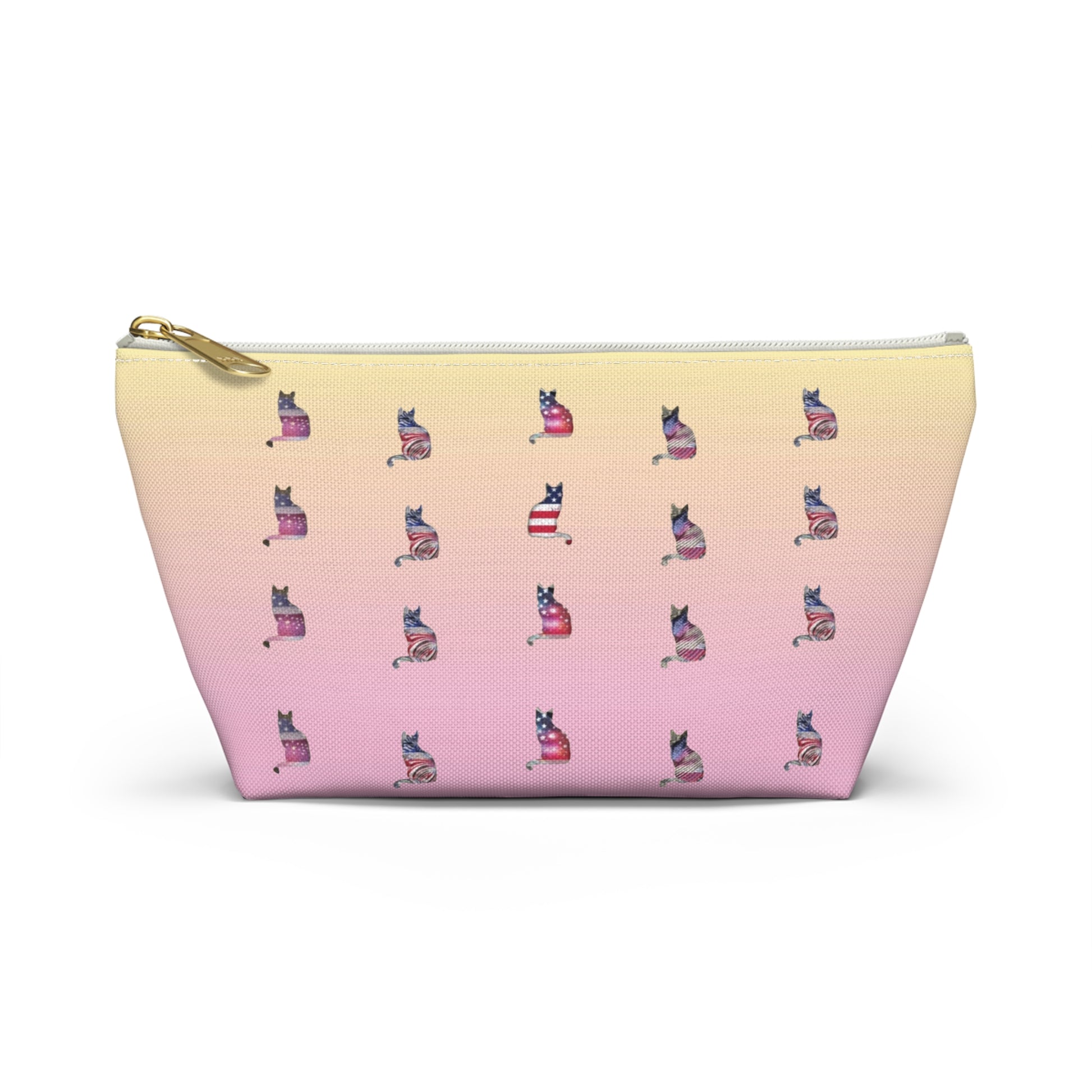 Pink and yellow cosmetic, makeup, toiletries and travel essentials accessory bag with 'LOVE' text design featuring cat silhouette pattern in colors of the American flag.