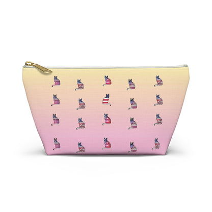 Pink and yellow cosmetic, makeup, toiletries and travel essentials accessory bag with 'LOVE' text design featuring cat silhouette pattern in colors of the American flag.