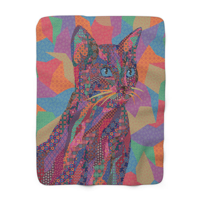 Multicolor fleece indoor throw blanket with a geometric graphic of a cat.