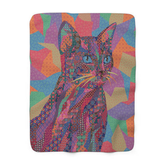 Multicolor fleece indoor throw blanket with a geometric graphic of a cat.