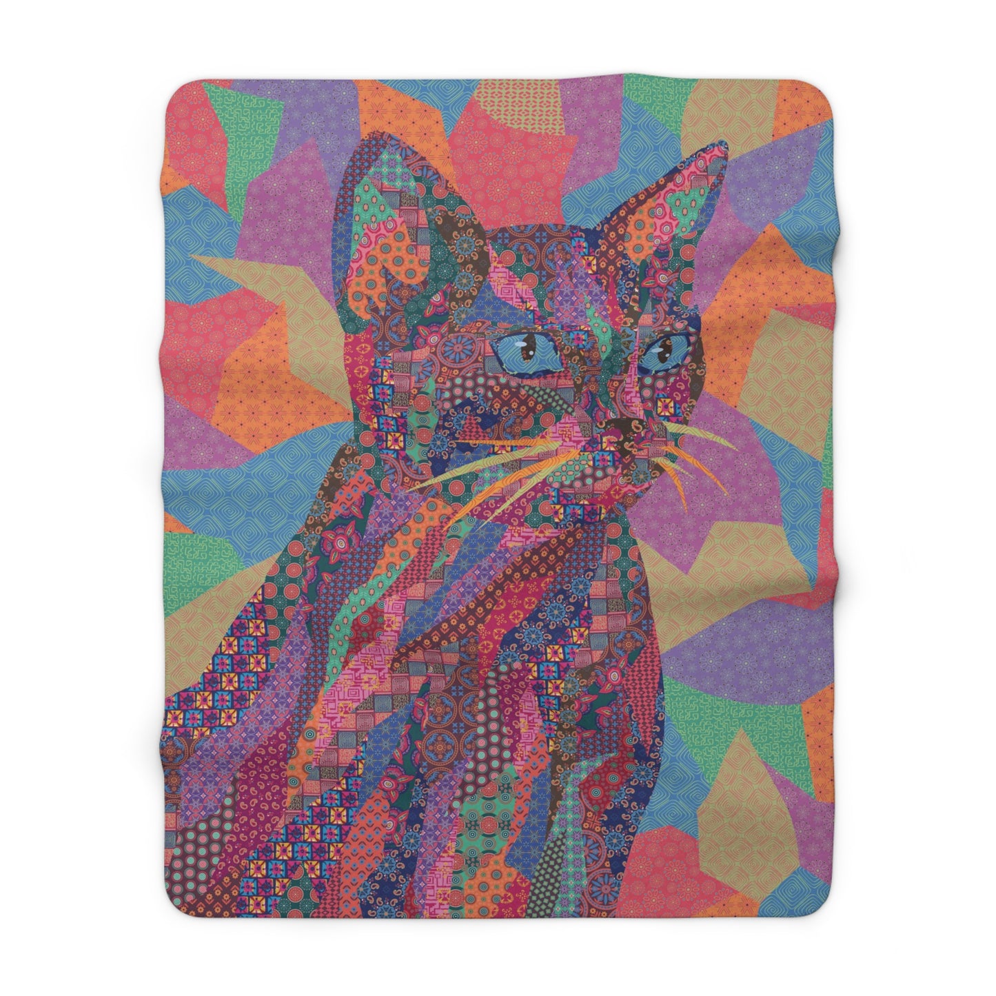 Multicolor fleece indoor throw blanket with a geometric graphic of a cat.