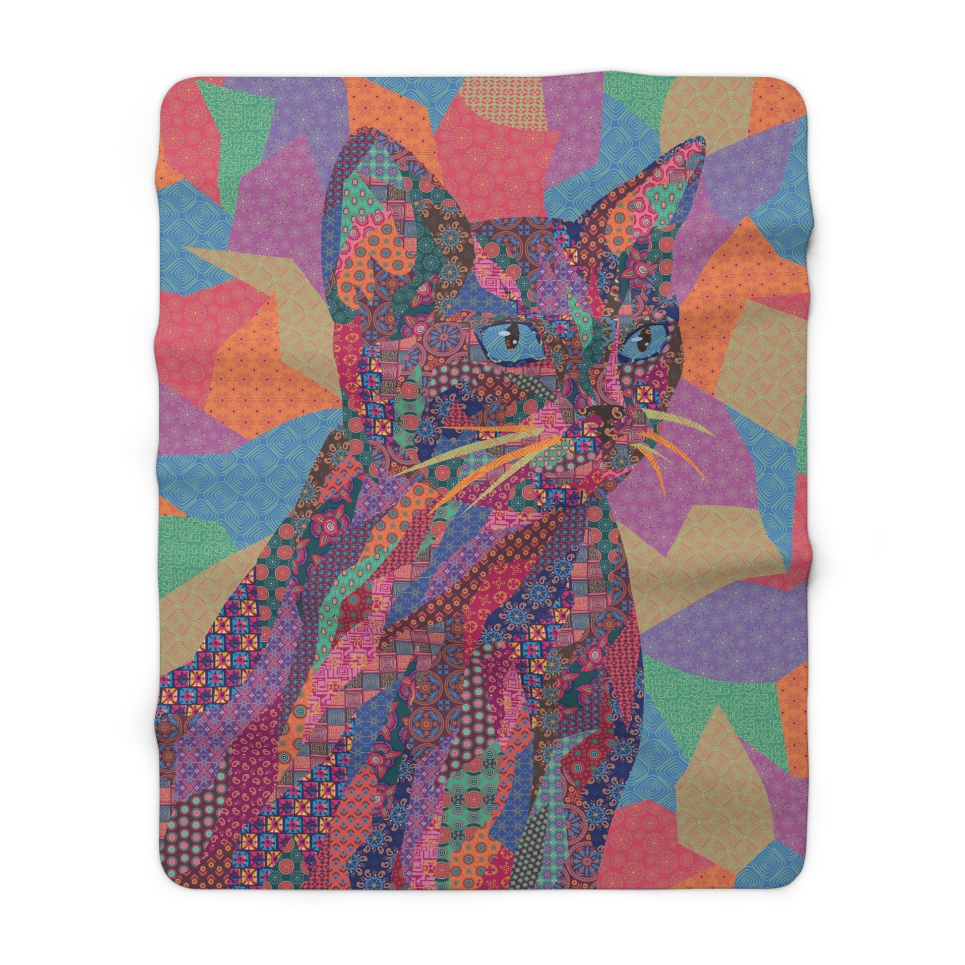 Multicolor fleece indoor throw blanket with a geometric graphic of a cat.