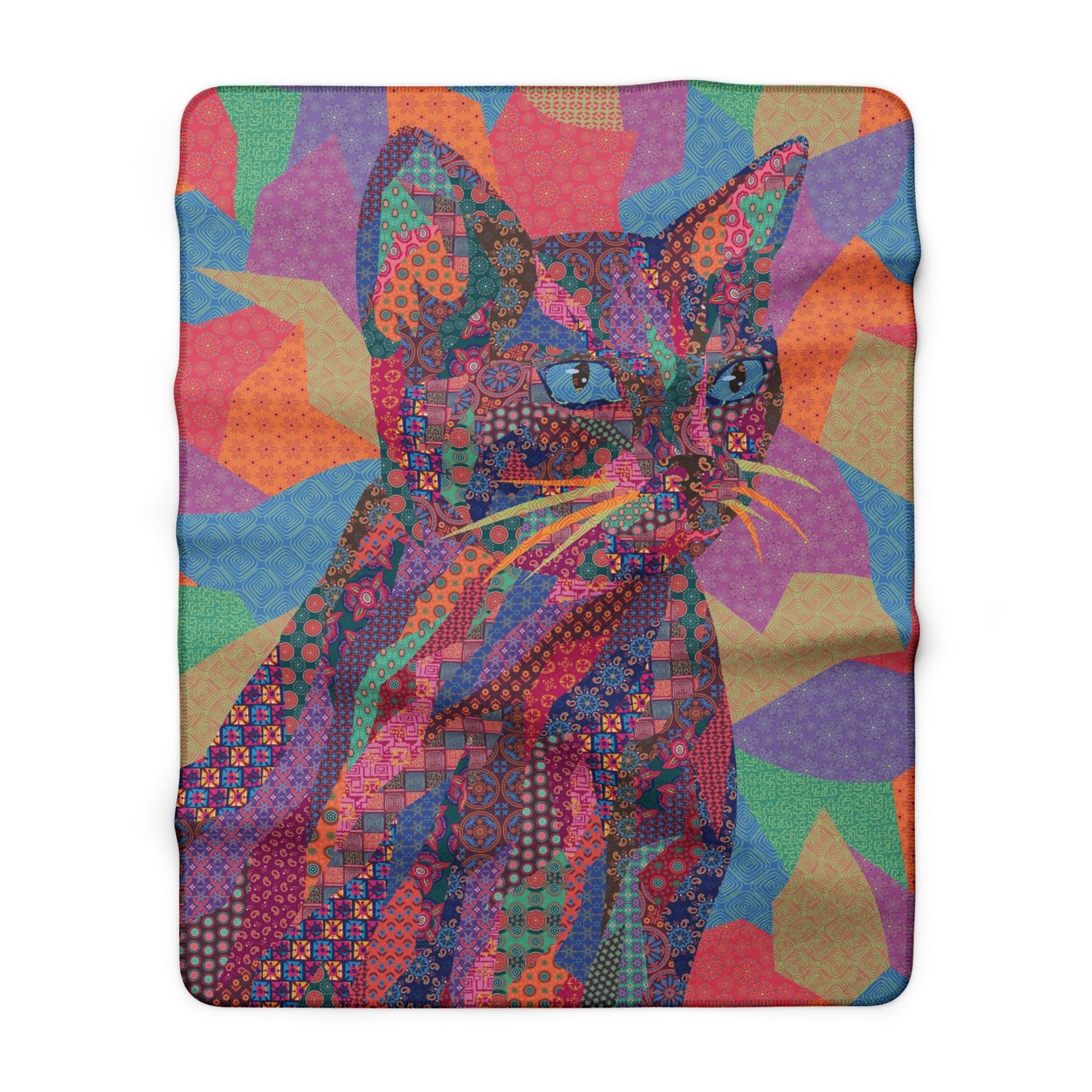 Multicolor fleece indoor throw blanket with a geometric graphic of a cat.