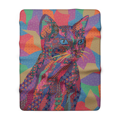 Multicolor fleece indoor throw blanket with a geometric graphic of a cat.