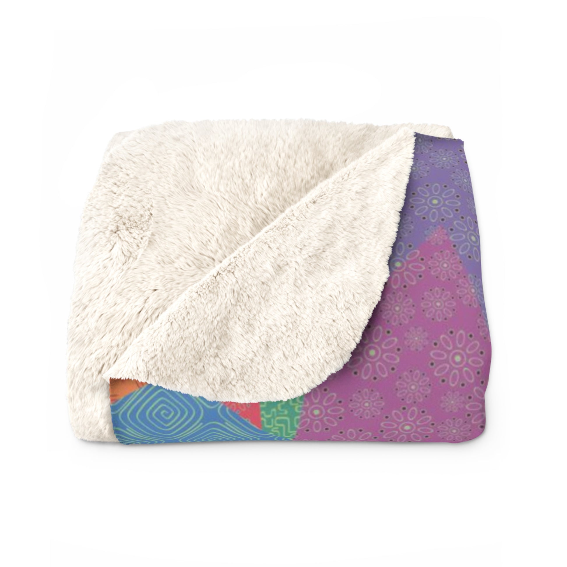Multicolor fleece indoor throw blanket with a geometric graphic of a cat.