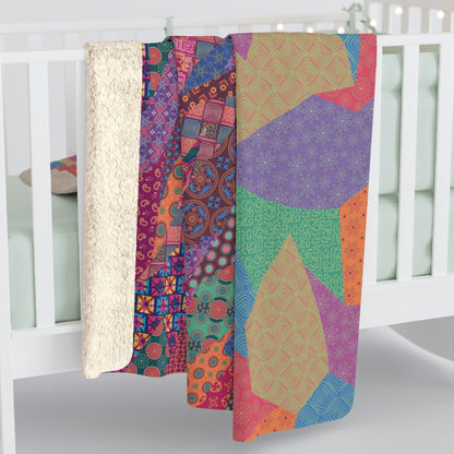 Multicolor fleece indoor throw blanket with a geometric graphic of a cat.