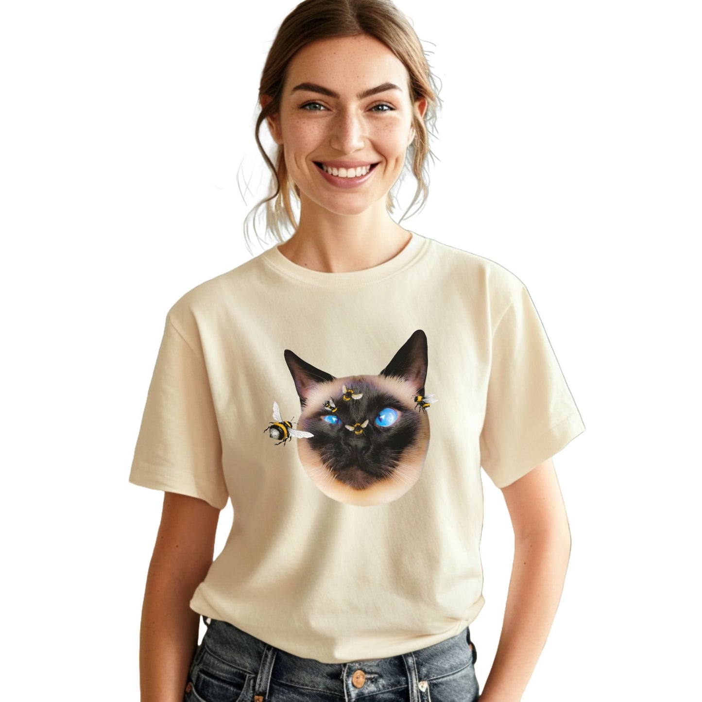 Natural Buzz_Off_Siamese_Cat_T-Shirt Unisex Crew Neck