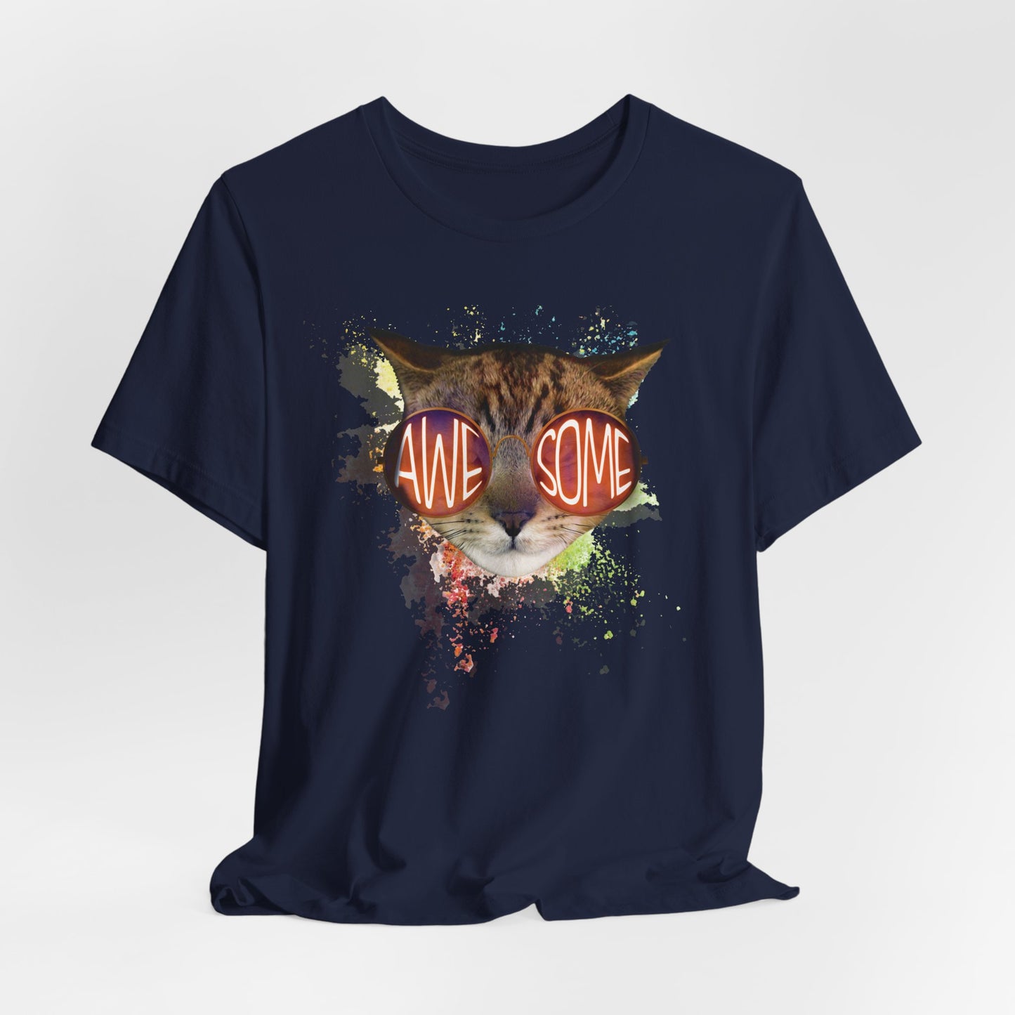 Navy Awesome Cat T-Shirt Crew Neck Unisex