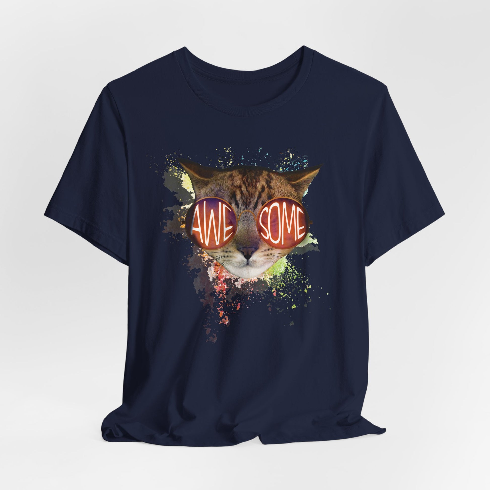 Navy Awesome Cat T-Shirt Crew Neck Unisex