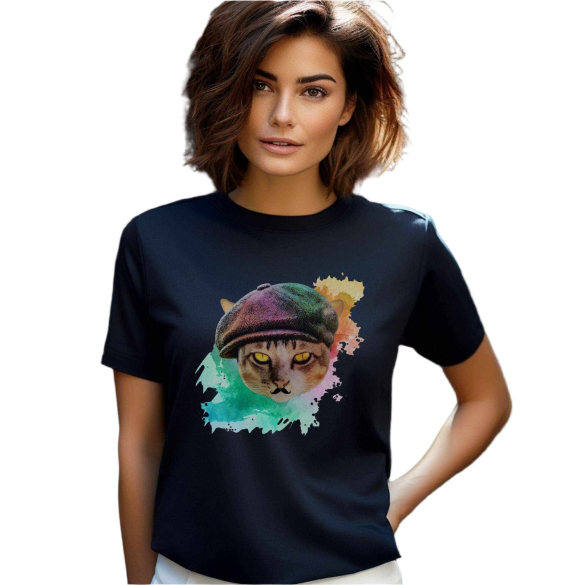 Navy Baker Boy Cat T-Shirt Unisex Crew Neck