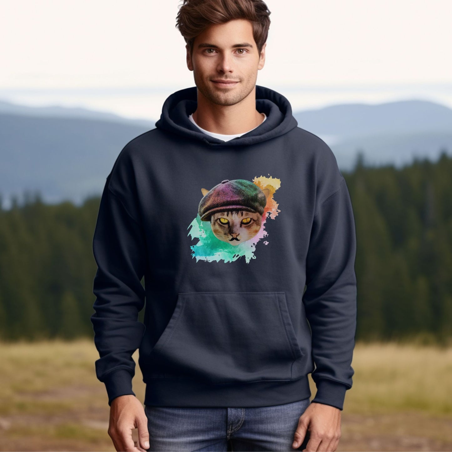 Navy Baker Boy Cat Themed Hooded Sweatshirt Unisex