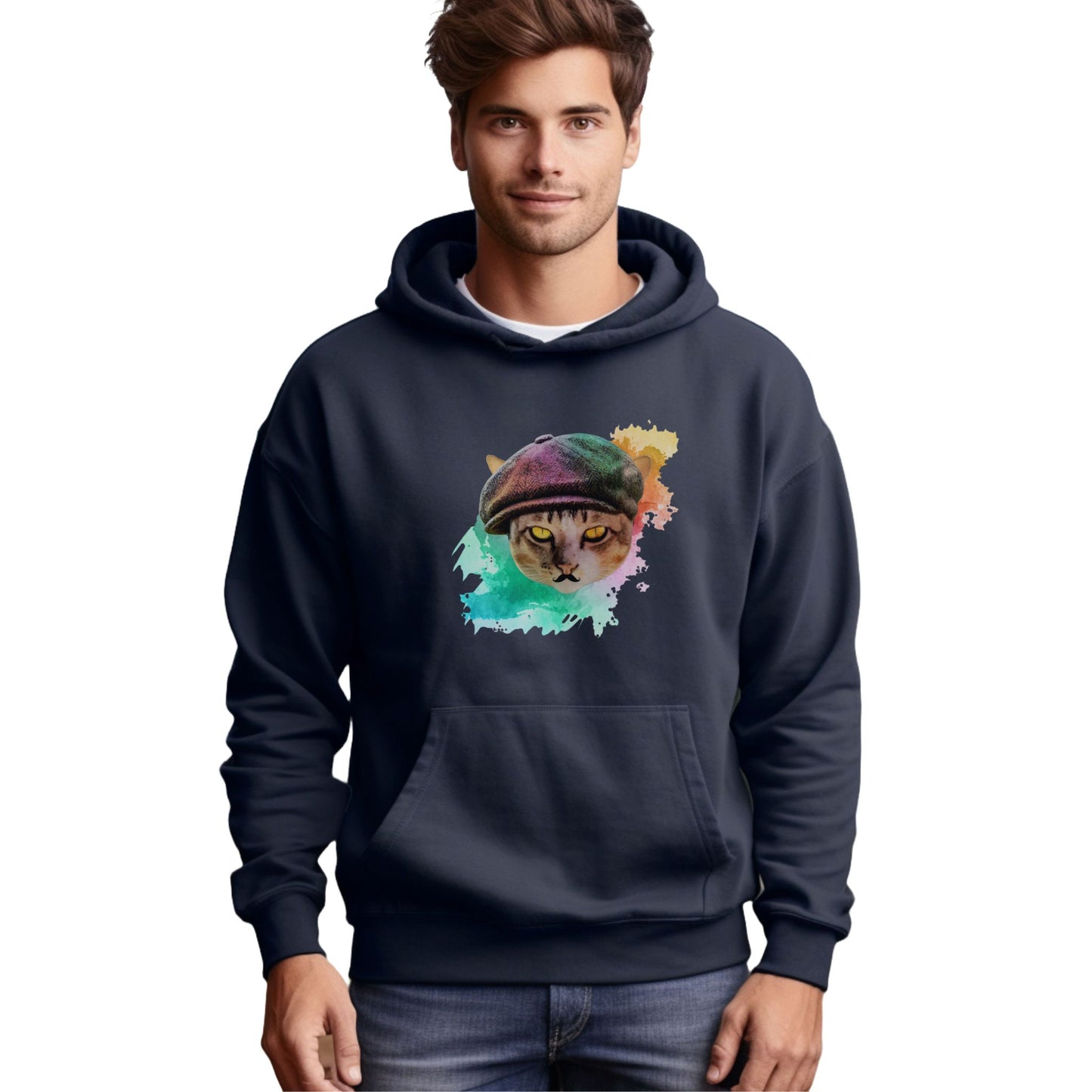 Navy Baker Boy Cat Themed Hooded Sweatshirt Unisex