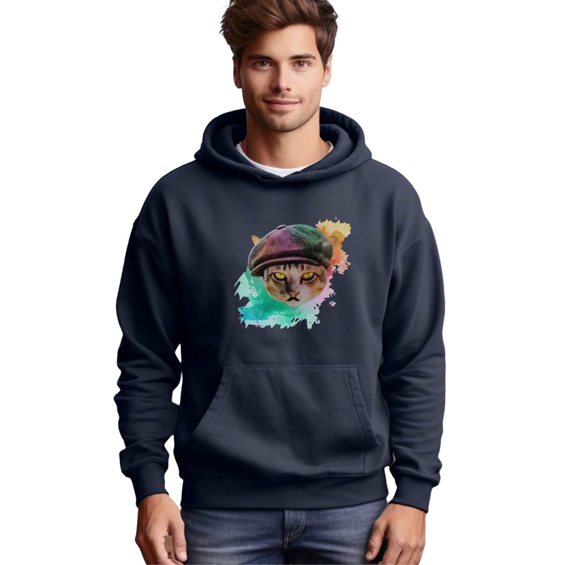 Navy Baker Boy Cat Themed Hooded Sweatshirt Unisex