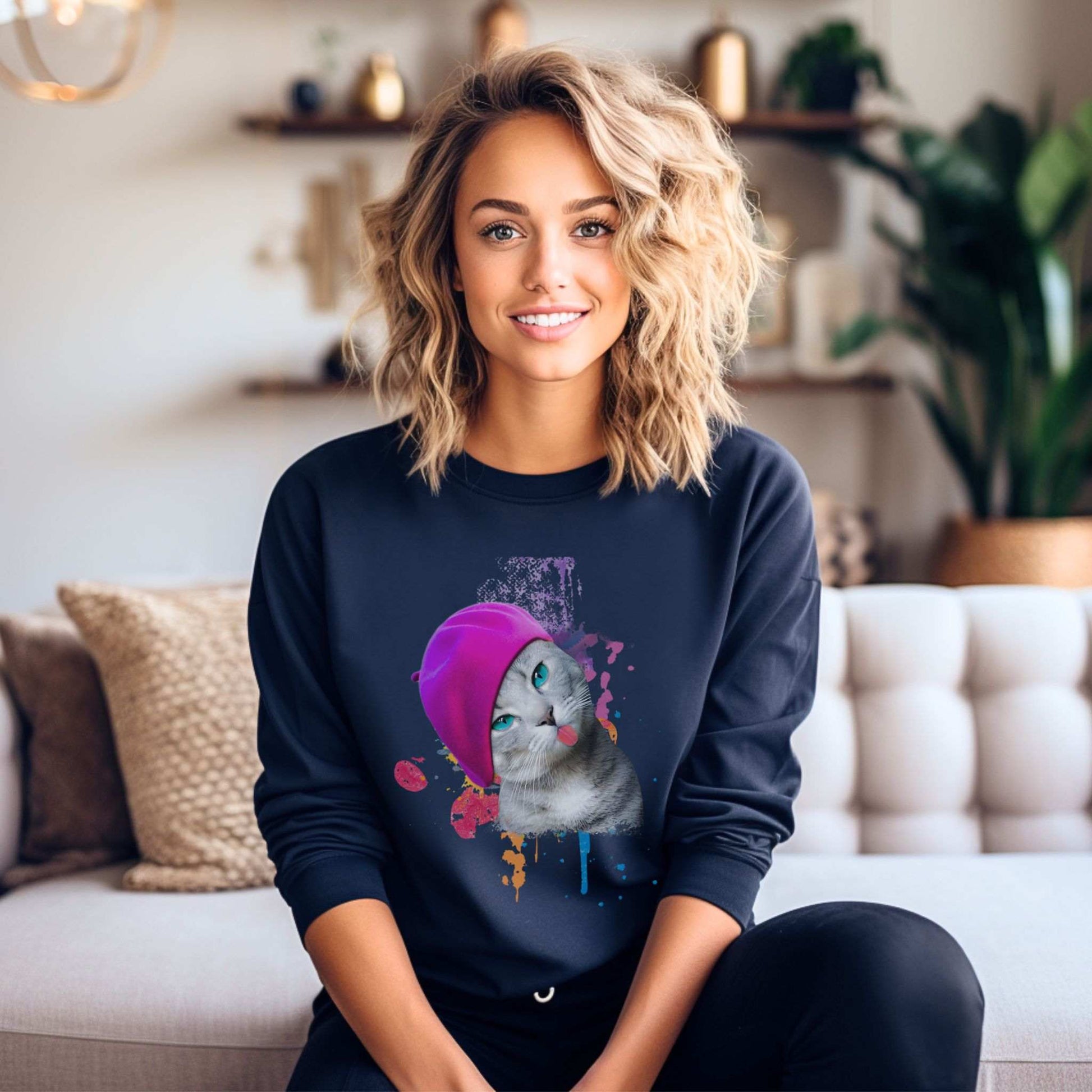 Navy Beret Girl Cat themed Unisex Sweatshirt