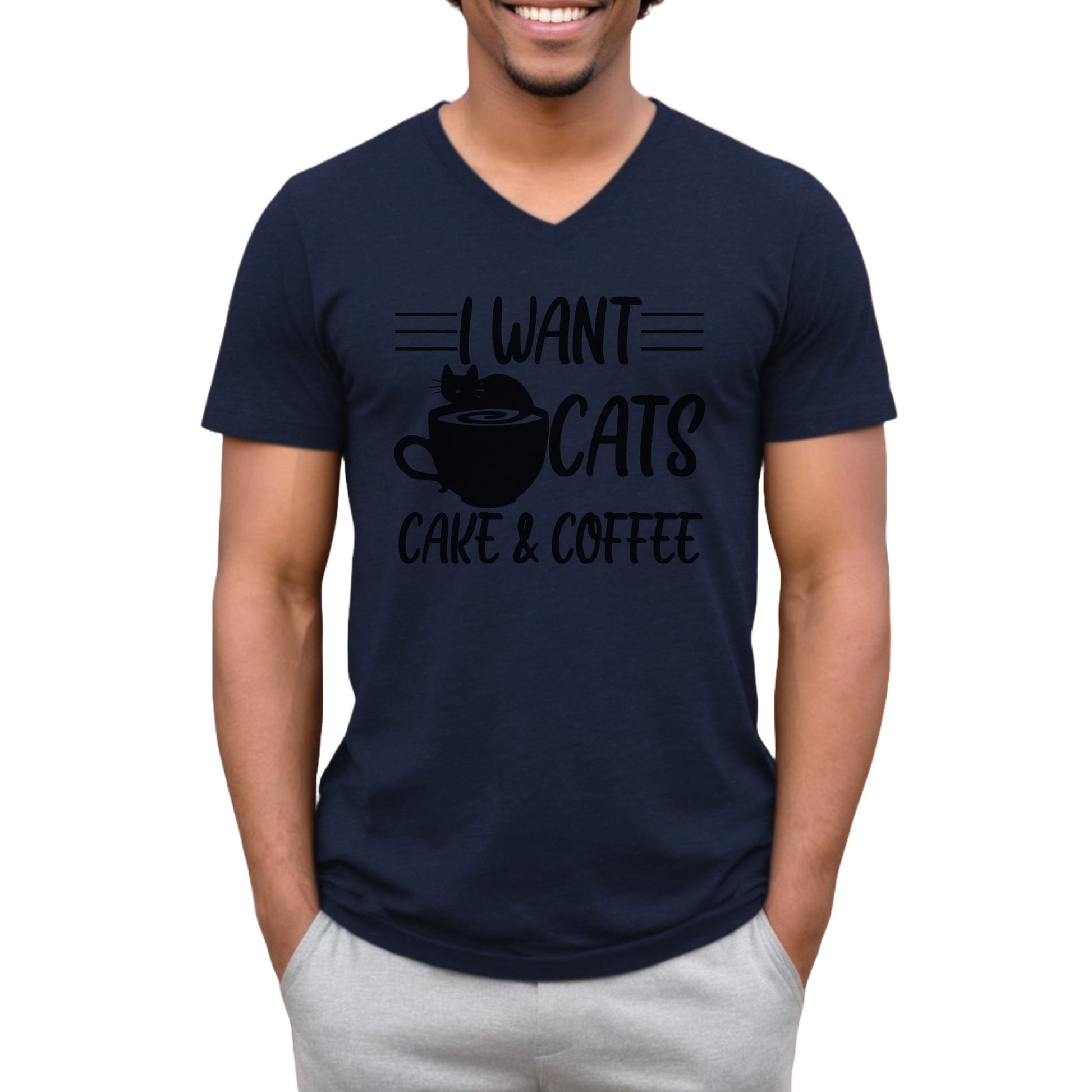 Navy Cats Coffee & Cake V-Neck T-Shirt Unisex