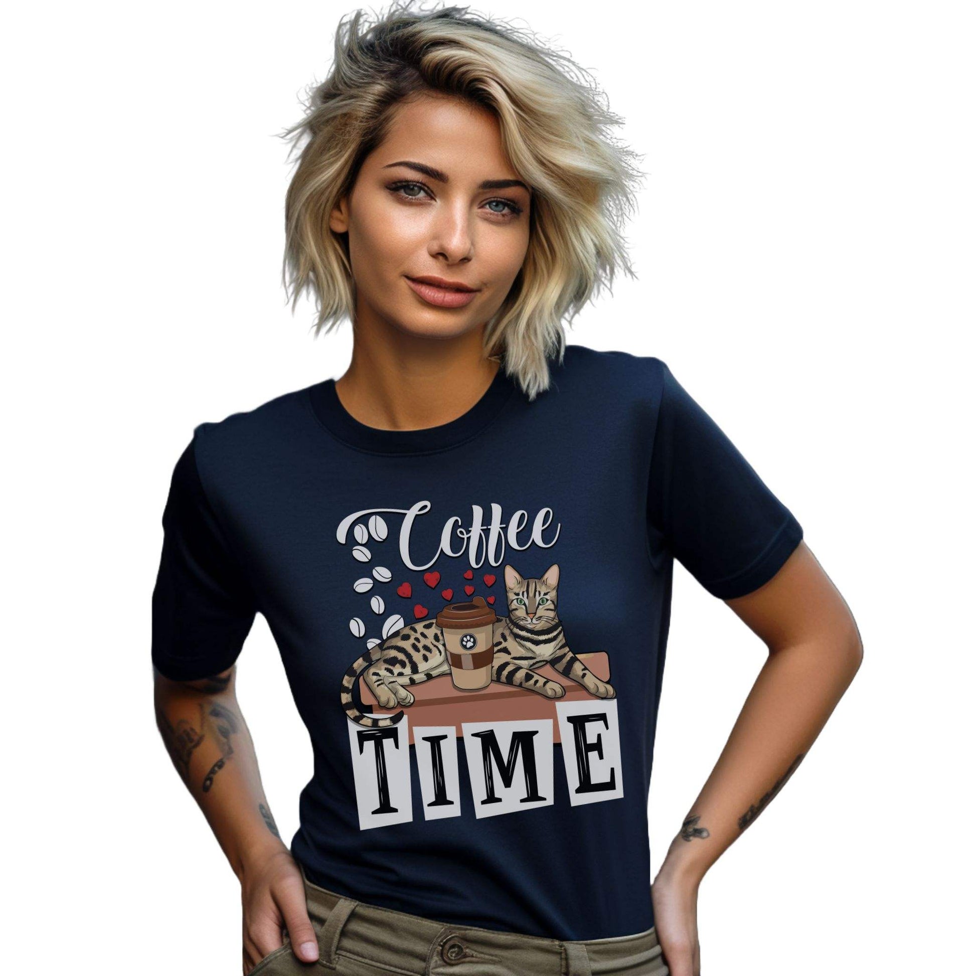 Navy Coffee_Beans_Love_Hearts_T-Shirt_Unisex Bengal Cat