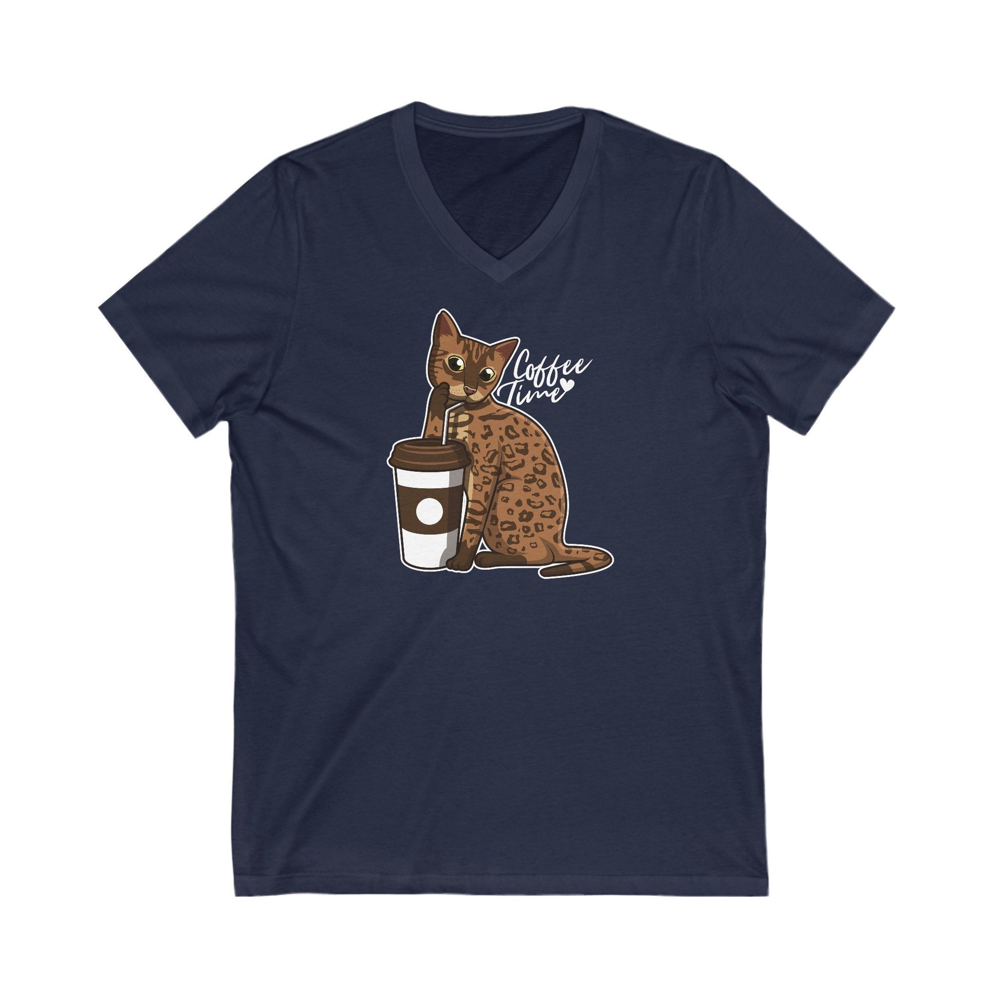 Navy Drinking Cat T-Shirt Unisex V-Neck