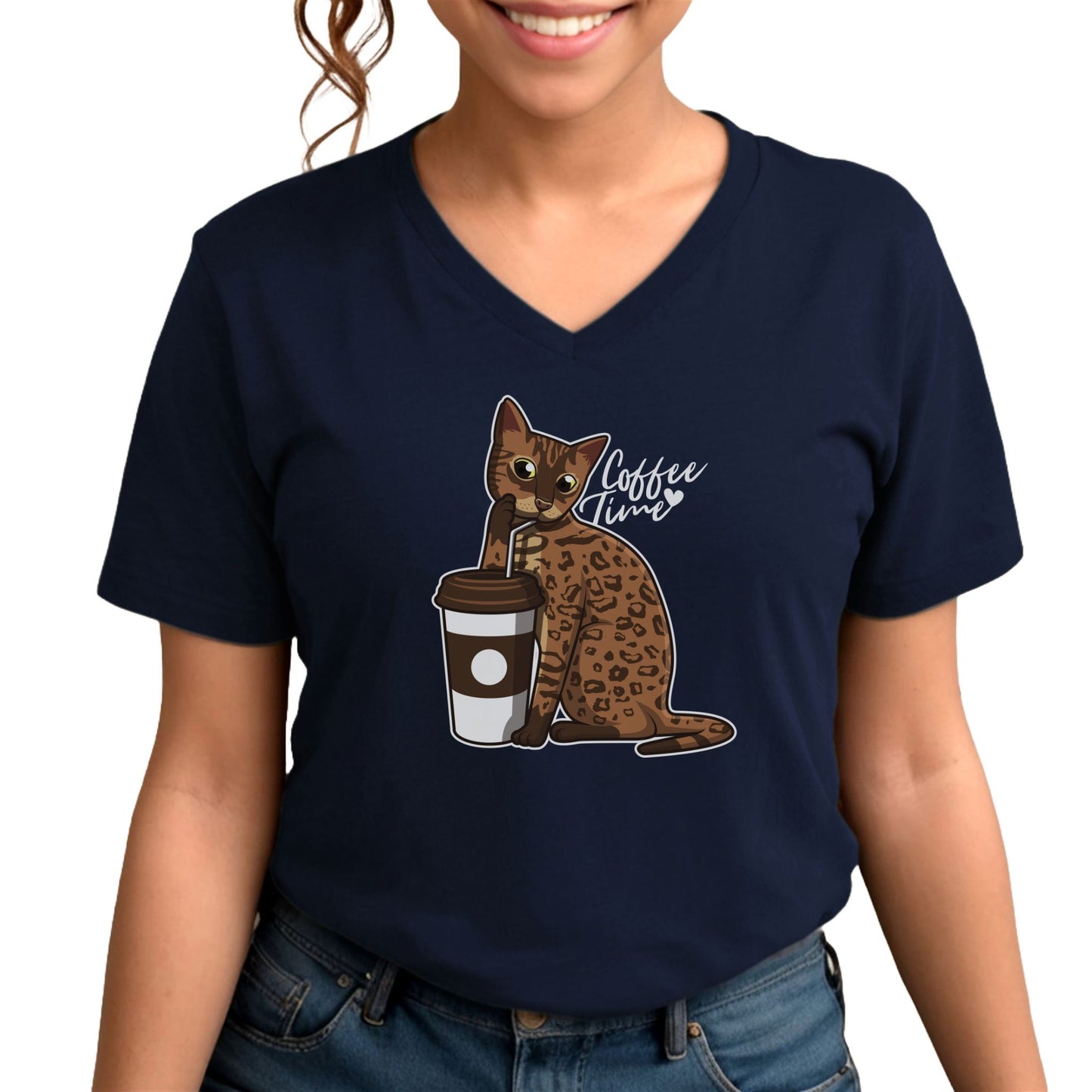 Navy Drinking Cat T-Shirt Unisex V-Neck
