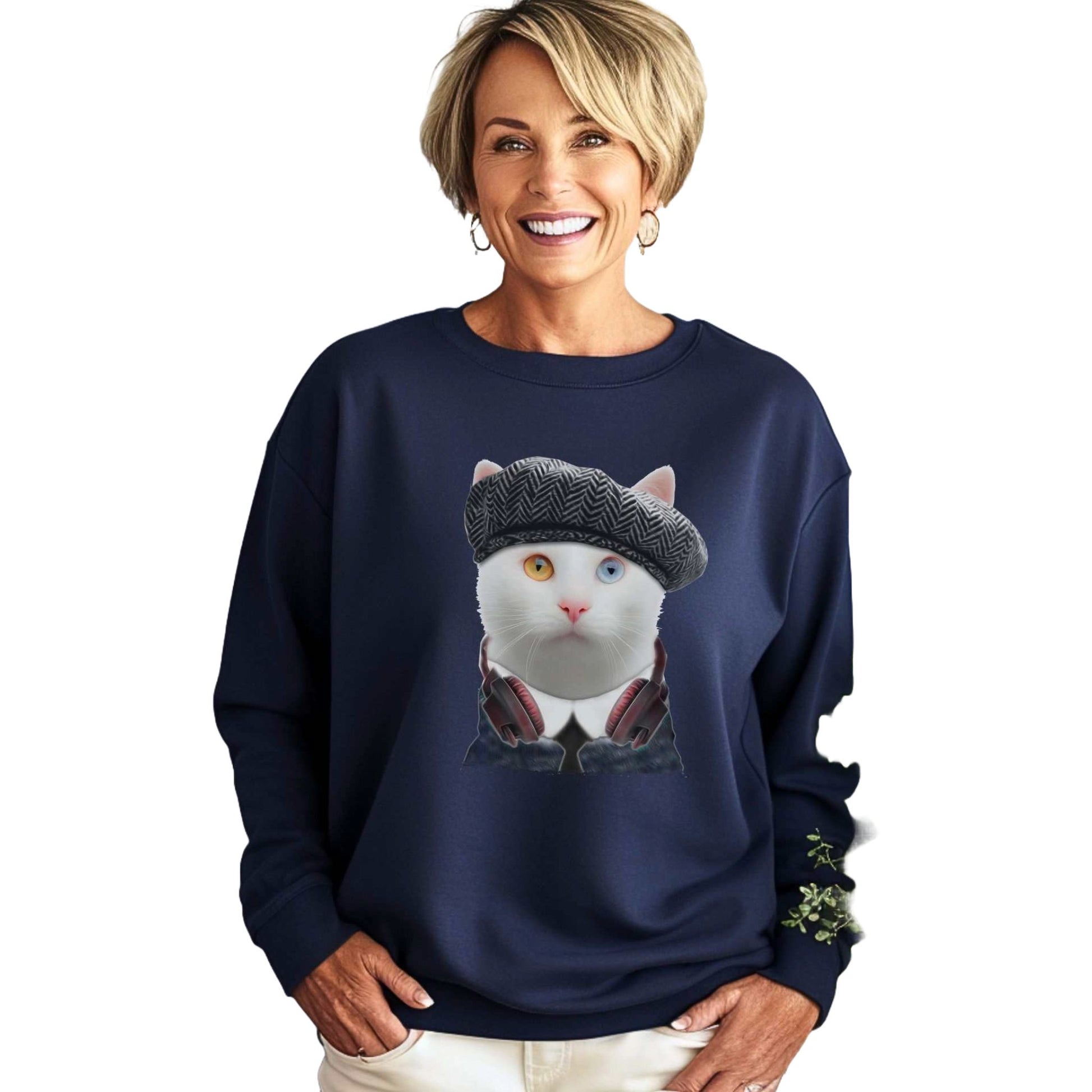 Navy Headphones Crewneck Cat Themed Unisex Sweatshirt