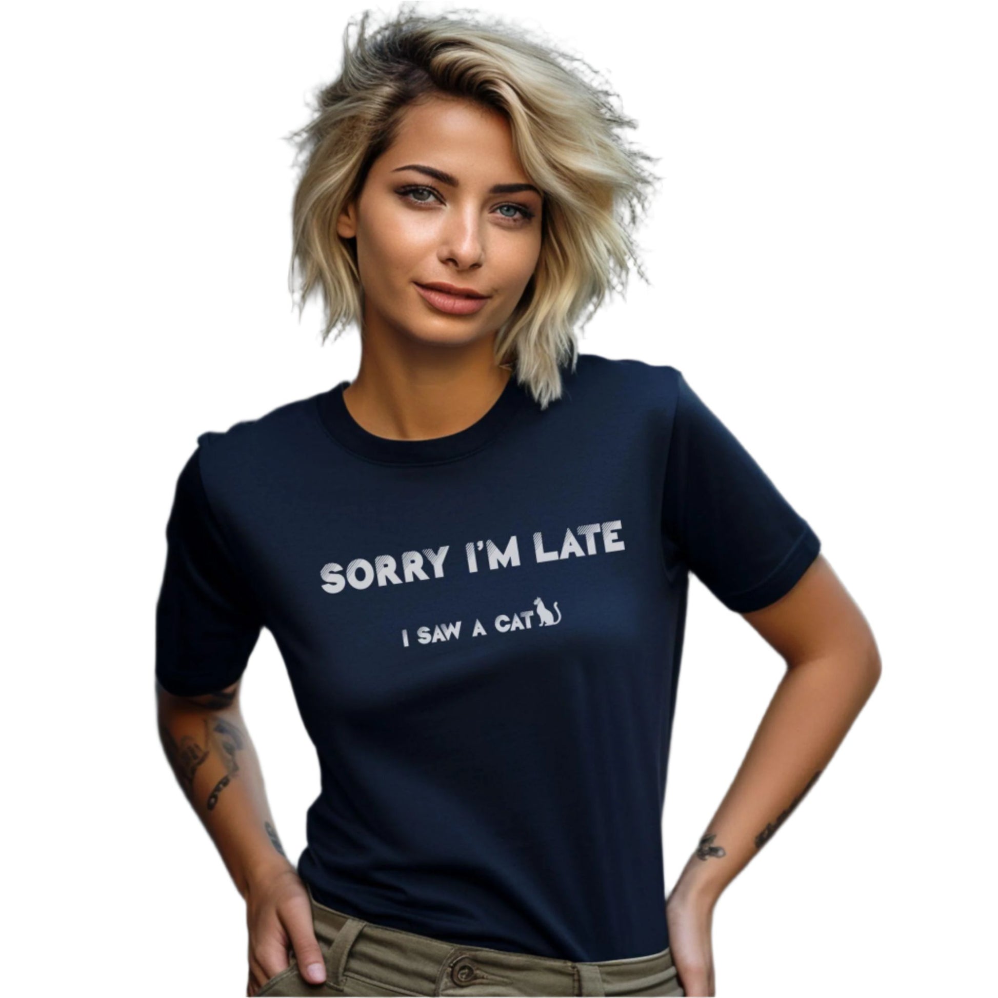 Navy I Saw A Cat T-Shirt Unisex Crew Neck 