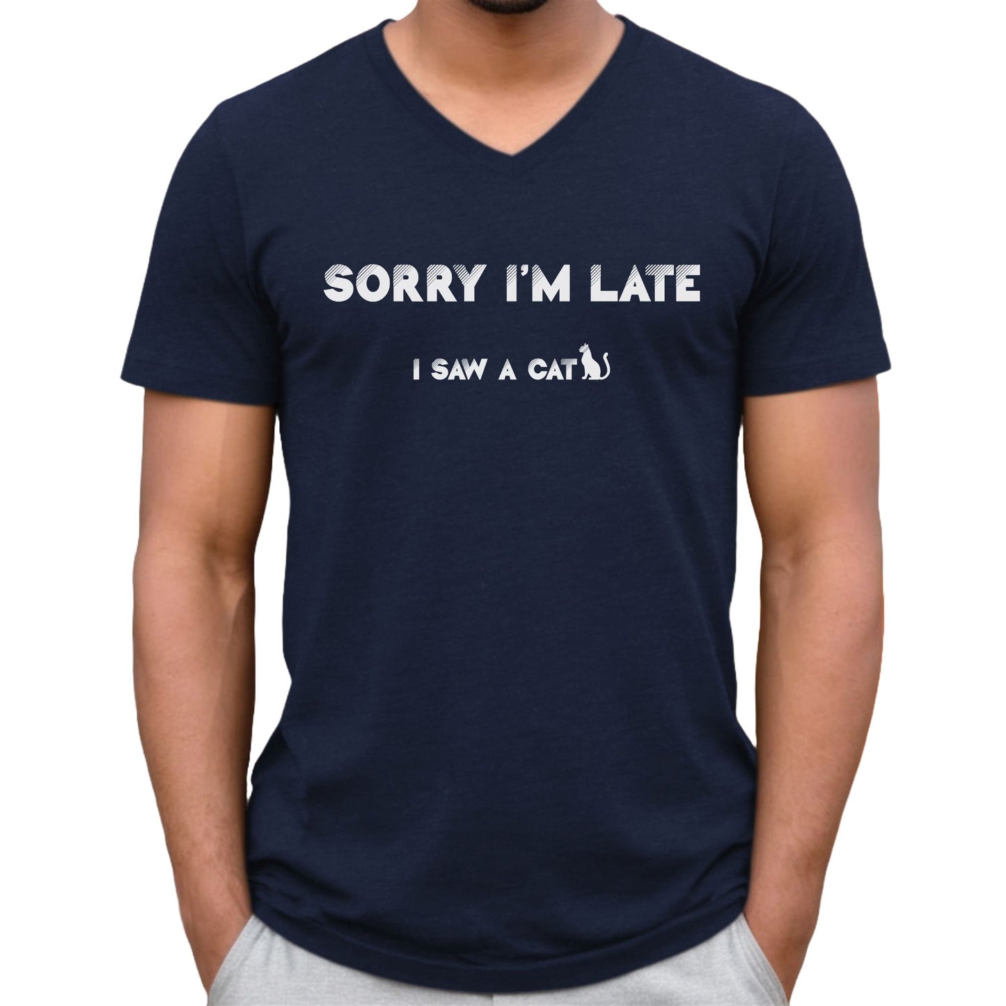 Navy I Saw A Cat V-Neck Unisex T-Shirt