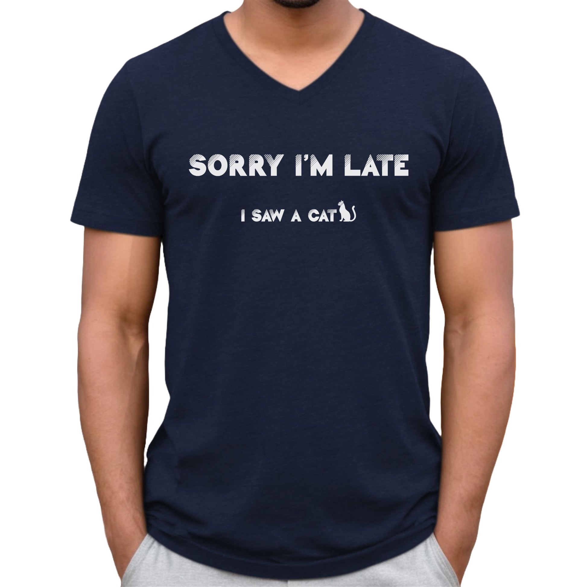 Navy I Saw A Cat V-Neck Unisex T-Shirt